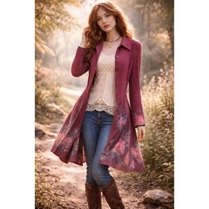 Jerry T‎ New York  Art To Wear Coat Dress Large Red Y2K Fairycore Floral Whimsy
